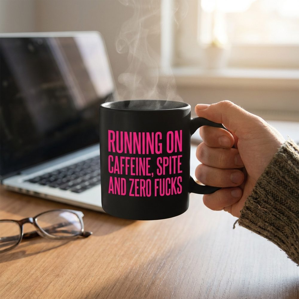 Running on caffeine spite and zero fucks mug